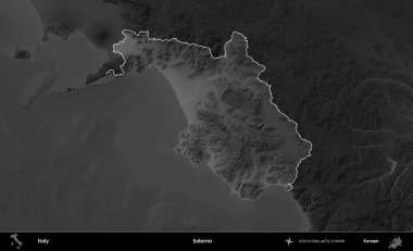 Salerno 'da. İtalya 'nın idari alanı kararmış bir gri tonlama yükseklik haritasına vurgulandı ve özetlendi
