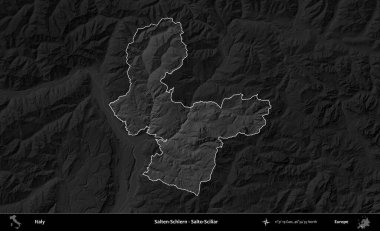 Salten-Schlern - Salto-Sciliar. İtalya 'nın idari alanı kararmış bir gri tonlama yükseklik haritasına vurgulandı ve özetlendi