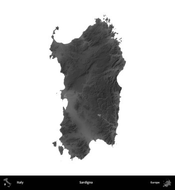 Sardigna. İtalya 'nın idari bölgesi gri ölçekli yükseklik haritasında beyaza izole edildi