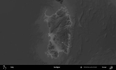 Sardigna. İtalya 'nın idari alanı kararmış bir gri tonlama yükseklik haritasına vurgulandı ve özetlendi