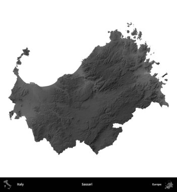 Sassari. İtalya 'nın idari bölgesi gri ölçekli yükseklik haritasında beyaza izole edildi