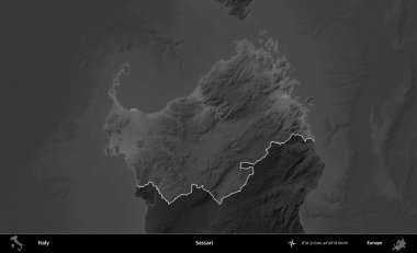 Sassari. İtalya 'nın idari alanı kararmış bir gri tonlama yükseklik haritasına vurgulandı ve özetlendi