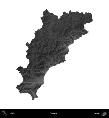 Savona. İtalya 'nın idari bölgesi gri ölçekli yükseklik haritasında beyaza izole edildi