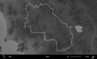 Siena. İtalya 'nın idari bölgesi gri ölçekli bir yükselme haritasında özetlendi