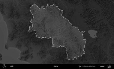 Siena. İtalya 'nın idari alanı kararmış bir gri tonlama yükseklik haritasına vurgulandı ve özetlendi