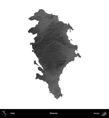 Siracusa. İtalya 'nın idari bölgesi gri ölçekli yükseklik haritasında beyaza izole edildi