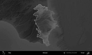 Siracusa. İtalya 'nın idari alanı kararmış bir gri tonlama yükseklik haritasına vurgulandı ve özetlendi