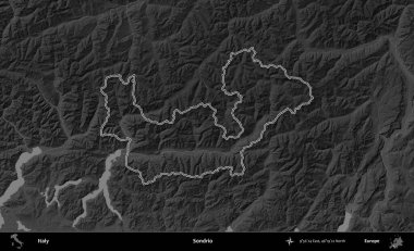 Sondrio. İtalya 'nın idari bölgesi gri ölçekli bir yükselme haritasında özetlendi