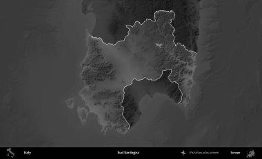 Sud Sardegna. İtalya 'nın idari alanı kararmış bir gri tonlama yükseklik haritasına vurgulandı ve özetlendi