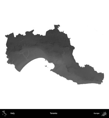 Taranto. İtalya 'nın idari bölgesi gri ölçekli yükseklik haritasında beyaza izole edildi