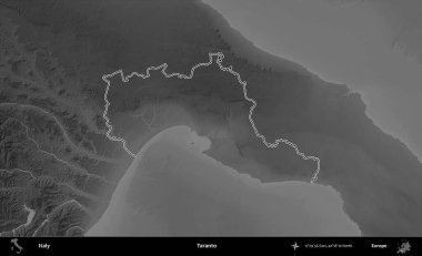 Taranto. İtalya 'nın idari bölgesi gri ölçekli bir yükselme haritasında özetlendi