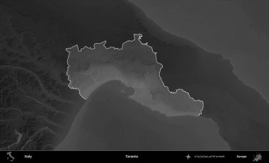 Taranto. İtalya 'nın idari alanı kararmış bir gri tonlama yükseklik haritasına vurgulandı ve özetlendi
