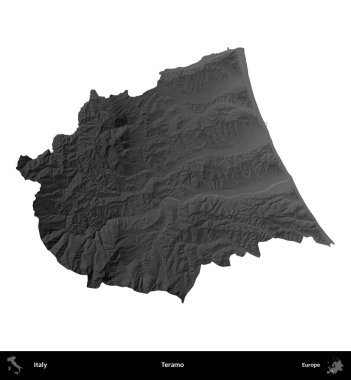 Teramo. İtalya 'nın idari bölgesi gri ölçekli yükseklik haritasında beyaza izole edildi