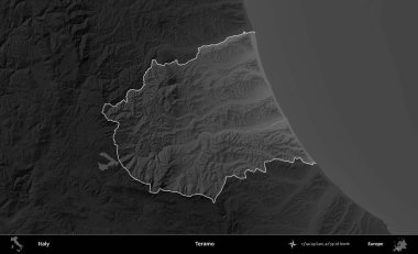 Teramo. İtalya 'nın idari alanı kararmış bir gri tonlama yükseklik haritasına vurgulandı ve özetlendi