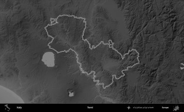 Terni. İtalya 'nın idari bölgesi gri ölçekli bir yükselme haritasında özetlendi