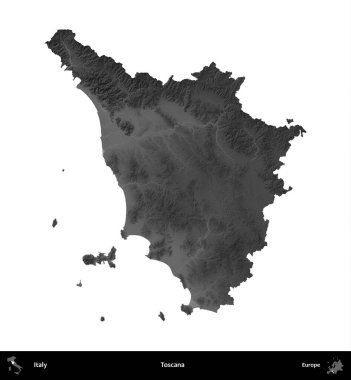 Toscana. İtalya 'nın idari bölgesi gri ölçekli yükseklik haritasında beyaza izole edildi