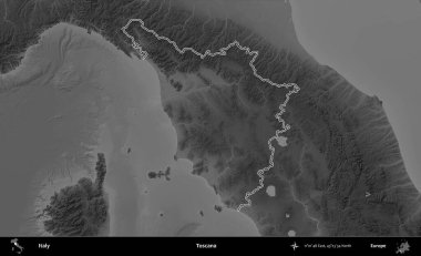 Toscana. İtalya 'nın idari bölgesi gri ölçekli bir yükselme haritasında özetlendi