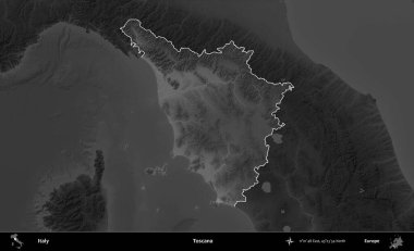 Toscana. İtalya 'nın idari alanı kararmış bir gri tonlama yükseklik haritasına vurgulandı ve özetlendi