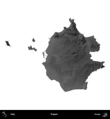 Trapani. İtalya 'nın idari bölgesi gri ölçekli yükseklik haritasında beyaza izole edildi