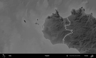 Trapani. İtalya 'nın idari bölgesi gri ölçekli bir yükselme haritasında özetlendi