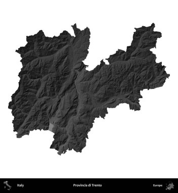 Provincia di Trento. İtalya 'nın idari bölgesi gri ölçekli yükseklik haritasında beyaza izole edildi