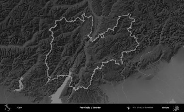 Provincia di Trento. İtalya 'nın idari bölgesi gri ölçekli bir yükselme haritasında özetlendi