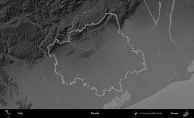 Treviso. İtalya 'nın idari bölgesi gri ölçekli bir yükselme haritasında özetlendi