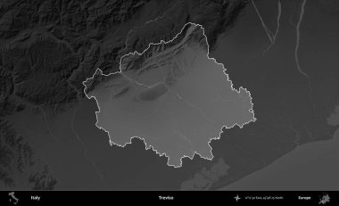 Treviso. İtalya 'nın idari alanı kararmış bir gri tonlama yükseklik haritasına vurgulandı ve özetlendi