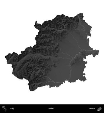 Torino. İtalya 'nın idari bölgesi gri ölçekli yükseklik haritasında beyaza izole edildi