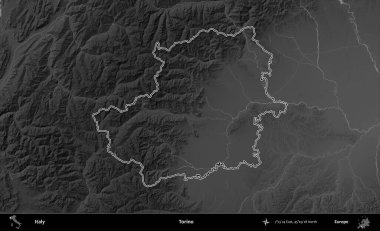 Torino. İtalya 'nın idari bölgesi gri ölçekli bir yükselme haritasında özetlendi