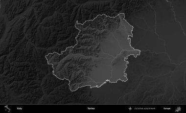 Torino. İtalya 'nın idari alanı kararmış bir gri tonlama yükseklik haritasına vurgulandı ve özetlendi