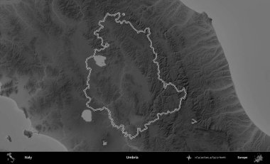 Umbria. İtalya 'nın idari bölgesi gri ölçekli bir yükselme haritasında özetlendi