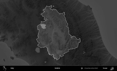 Umbria. İtalya 'nın idari alanı kararmış bir gri tonlama yükseklik haritasına vurgulandı ve özetlendi