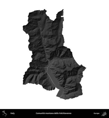 Comunita montana della Valchiavenna. İtalya 'nın idari bölgesi gri ölçekli yükseklik haritasında beyaza izole edildi
