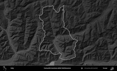 Comunita montana della Valchiavenna. İtalya 'nın idari bölgesi gri ölçekli bir yükselme haritasında özetlendi