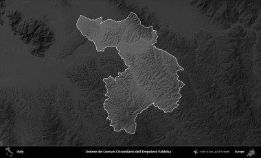 Unione dei Comuni Circondario dell'Empolese Valdelsa. İtalya 'nın idari alanı kararmış bir gri tonlama yükseklik haritasına vurgulandı ve özetlendi