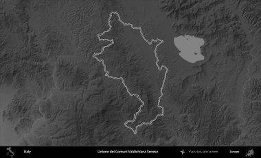 Tek dei Comuni Valdichiana Senese. İtalya 'nın idari bölgesi gri ölçekli bir yükselme haritasında özetlendi