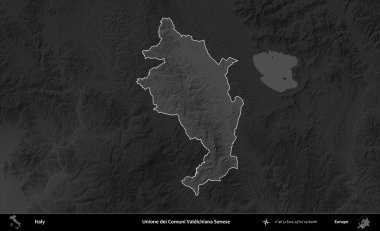 Tek dei Comuni Valdichiana Senese. İtalya 'nın idari alanı kararmış bir gri tonlama yükseklik haritasına vurgulandı ve özetlendi