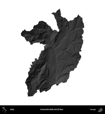 Comunita della Val di Non. İtalya 'nın idari bölgesi gri ölçekli yükseklik haritasında beyaza izole edildi