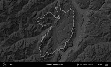 Comunita della Val di Non. İtalya 'nın idari bölgesi gri ölçekli bir yükselme haritasında özetlendi