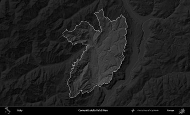 Comunita della Val di Non. İtalya 'nın idari alanı kararmış bir gri tonlama yükseklik haritasına vurgulandı ve özetlendi