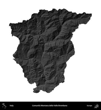 Comunita Montana della Valle Brembana. İtalya 'nın idari bölgesi gri ölçekli yükseklik haritasında beyaza izole edildi