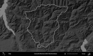 Comunita Montana della Valle Brembana. İtalya 'nın idari bölgesi gri ölçekli bir yükselme haritasında özetlendi