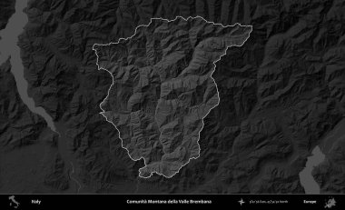 Comunita Montana della Valle Brembana. İtalya 'nın idari alanı kararmış bir gri tonlama yükseklik haritasına vurgulandı ve özetlendi