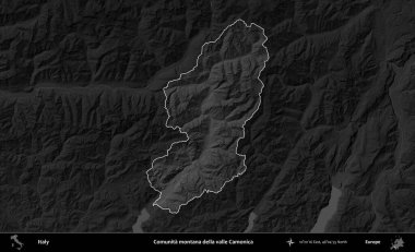 Comunita montana della valle Camonica. İtalya 'nın idari alanı kararmış bir gri tonlama yükseklik haritasına vurgulandı ve özetlendi