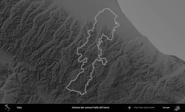 Unione dei comuni Valle del Savio. İtalya 'nın idari bölgesi gri ölçekli bir yükselme haritasında özetlendi