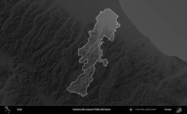 Unione dei comuni Valle del Savio. İtalya 'nın idari alanı kararmış bir gri tonlama yükseklik haritasına vurgulandı ve özetlendi