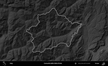 Comunita della Valle di Sole. İtalya 'nın idari bölgesi gri ölçekli bir yükselme haritasında özetlendi