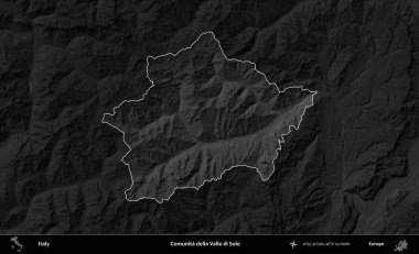Comunita della Valle di Sole. İtalya 'nın idari alanı kararmış bir gri tonlama yükseklik haritasına vurgulandı ve özetlendi