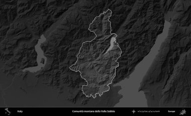 Comunita montana della Valle Sabbia. İtalya 'nın idari alanı kararmış bir gri tonlama yükseklik haritasına vurgulandı ve özetlendi